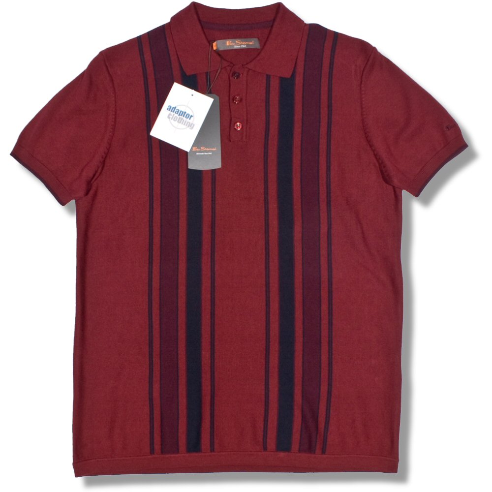 /Ben Sherman Mod Twin Racing Stripes Fine Gauge S/S Knit Polo Shirt Wine 3XL | Adaptor Clothing